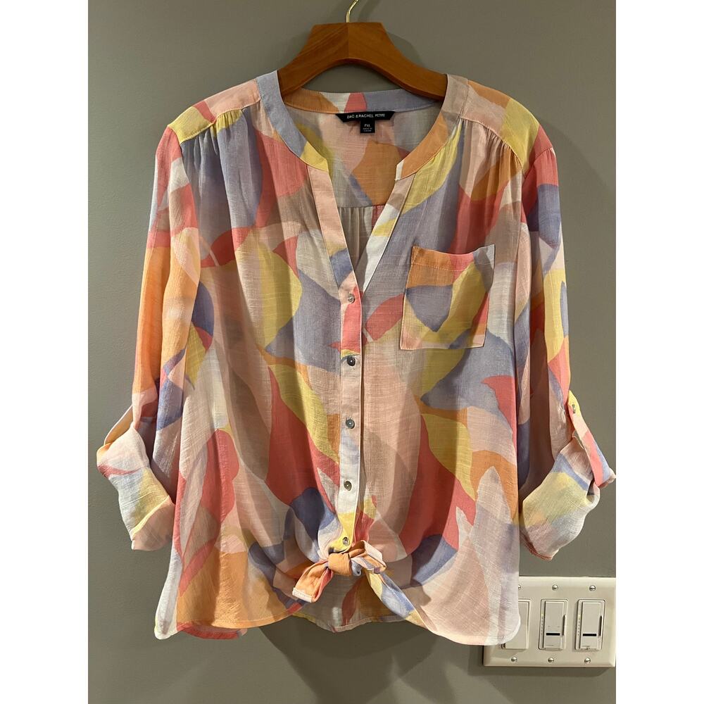 Zac & Rachel Button Down Tie Waist Blouse Womens Petite XL Spring Pastels
